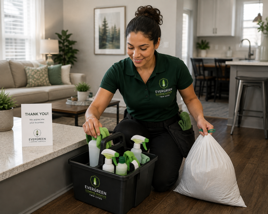 Evergreen cleaner unpacking supplies in a client’s home