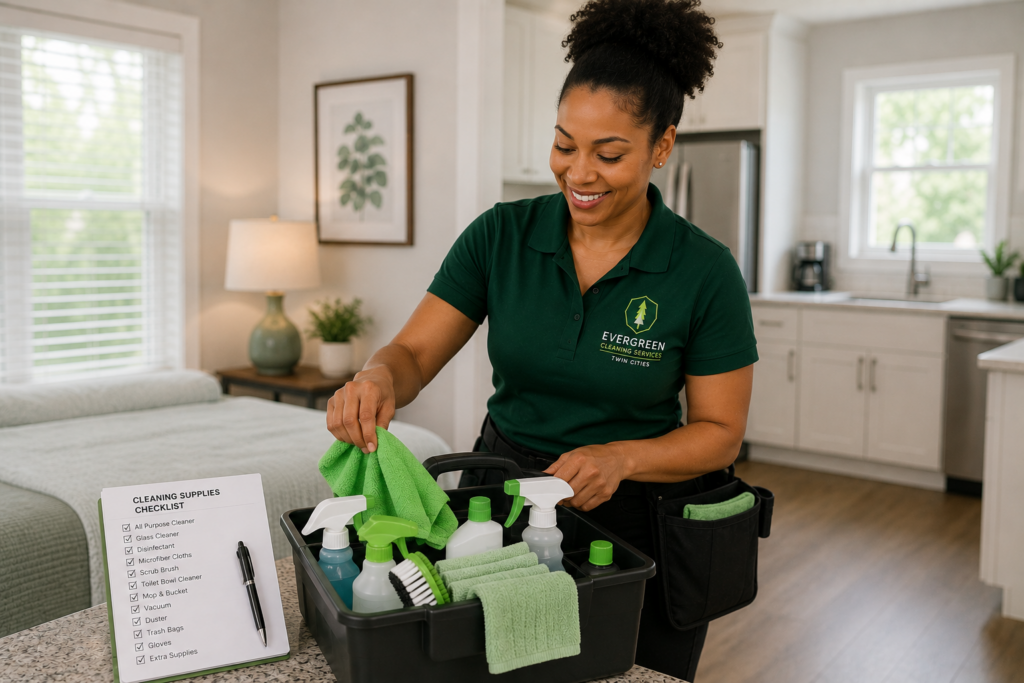 Evergreen cleaner in uniform with a cleaning caddy and checklist