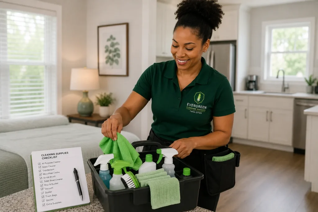 Evergreen cleaner in uniform with a cleaning caddy and checklist